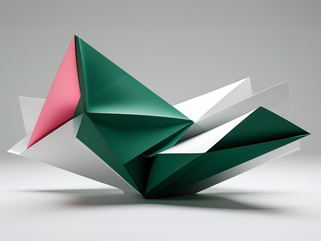 Abstract artwork of green, pink, and white geometric planes assembling into a new form, symbolizing The Bottom Line's Business Transformation service.